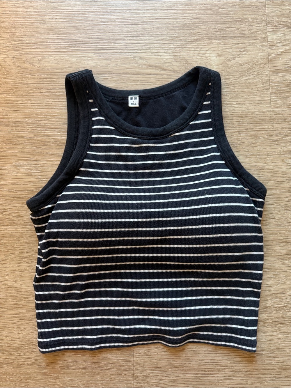 Uniqlo Navy Blue and White Striped Rib Crop Tank